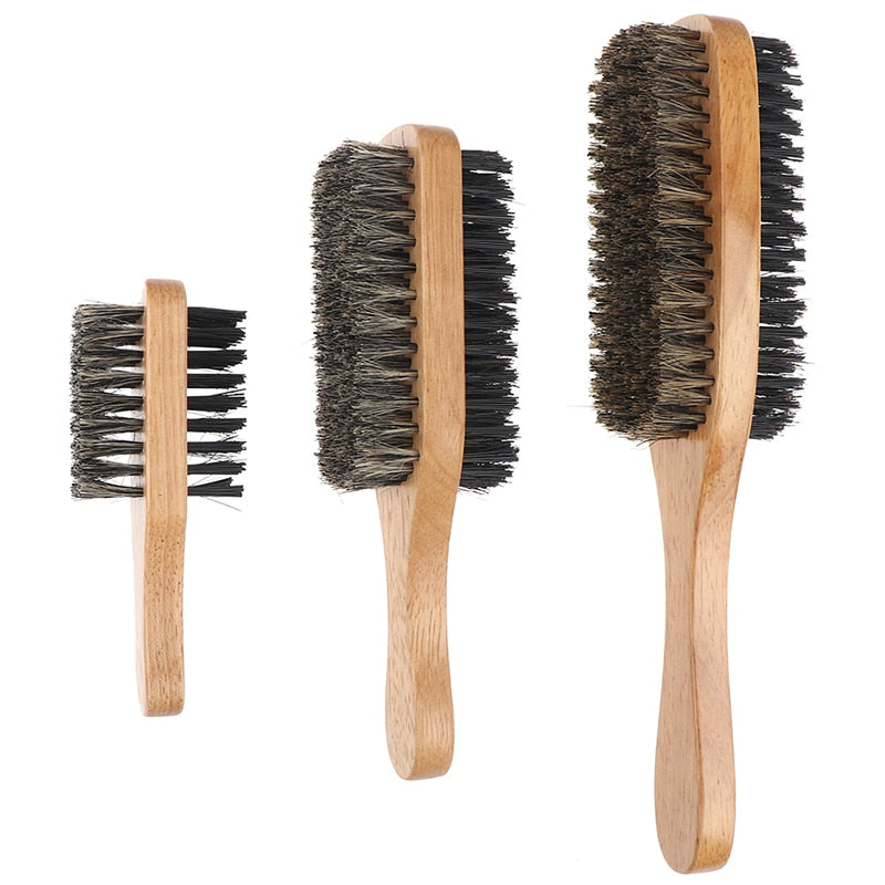 A set of three men's beard brushes with boar bristles, featuring wooden handles in different sizes, designed for styling and grooming beards.