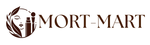 Logo of MORT-MART with a stylized face and lipstick on a white background