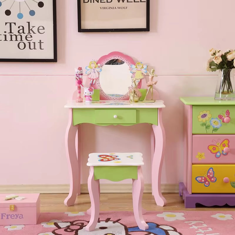 Kids Vanity Makeup Table with Mirror & Stool
